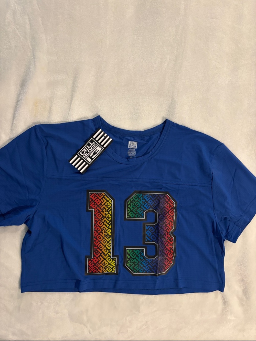 Blue Short Sleeve Graphic Crop Tee with Rainbow '13'